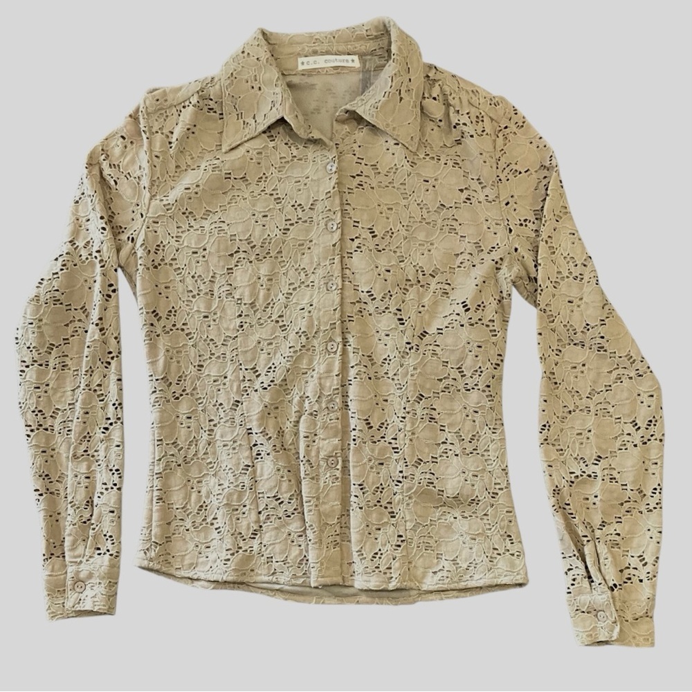 ❤️ C.C. Couture Beige Lace Button-Up Blouse Women’s Small Romantic Boho Chic Top